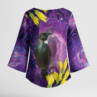 New Zealand Tui Bird Matariki Kimono Sleeve Blouse Kowhai Flower Silver Fern Galaxy Maori Pattern LT22 - Polynesian Pride