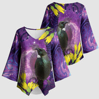 New Zealand Tui Bird Matariki Kimono Sleeve Blouse Kowhai Flower Silver Fern Galaxy Maori Pattern LT22 - Polynesian Pride