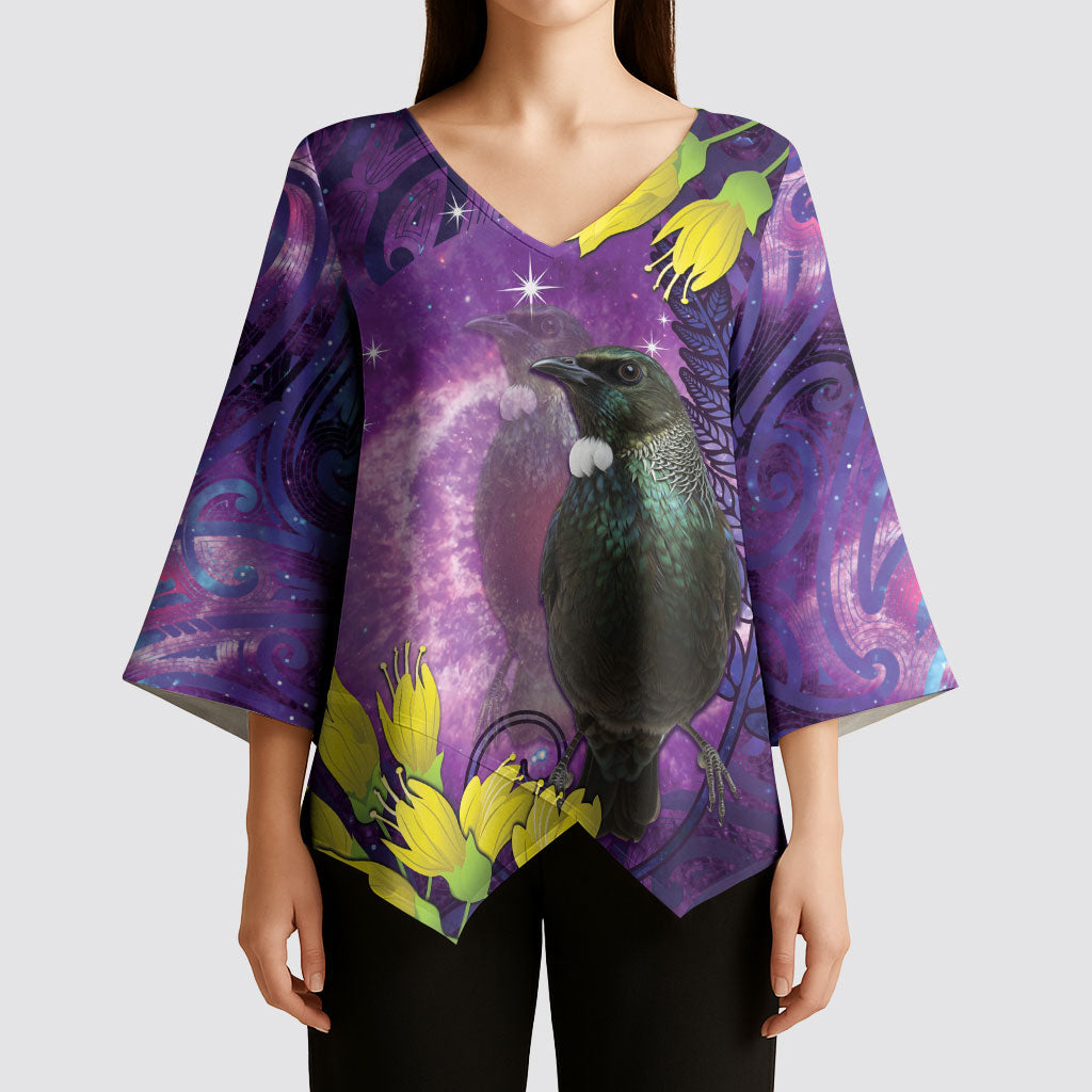 New Zealand Tui Bird Matariki Kimono Sleeve Blouse Kowhai Flower Silver Fern Galaxy Maori Pattern LT22 - Polynesian Pride