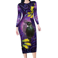New Zealand Tui Bird Matariki Long Sleeve Bodycon Dress Kowhai Flower Silver Fern Galaxy Maori Pattern LT22 Long Dress Purple - Polynesian Pride