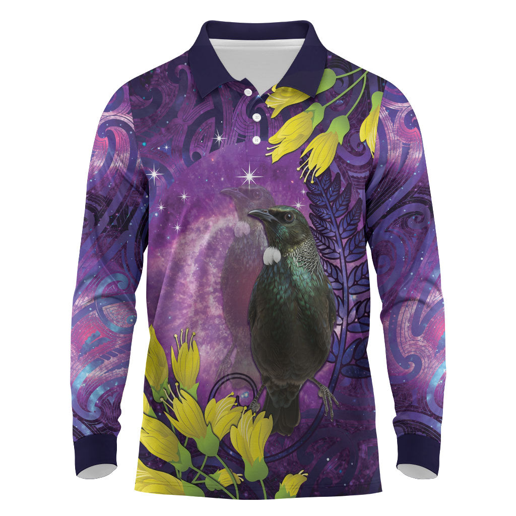New Zealand Tui Bird Matariki Long Sleeve Polo Shirt Kowhai Flower Silver Fern Galaxy Maori Pattern