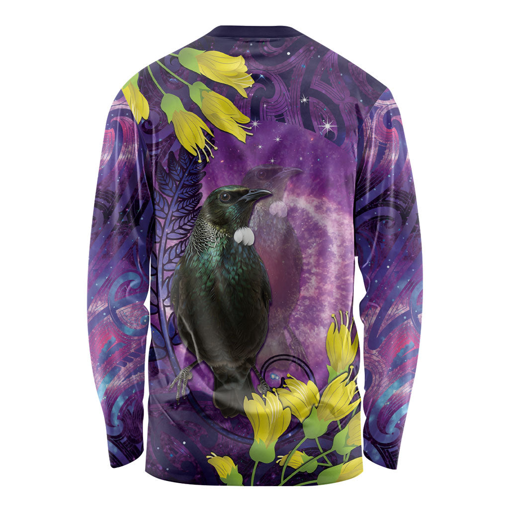 New Zealand Tui Bird Matariki Long Sleeve Shirt Kowhai Flower Silver Fern Galaxy Maori Pattern LT22 - Polynesian Pride