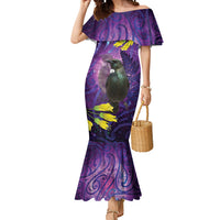 New Zealand Tui Bird Matariki Mermaid Dress Kowhai Flower Silver Fern Galaxy Maori Pattern LT22 Women Purple - Polynesian Pride