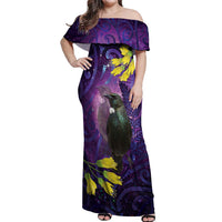 New Zealand Tui Bird Matariki Off Shoulder Maxi Dress Kowhai Flower Silver Fern Galaxy Maori Pattern LT22 Women Purple - Polynesian Pride