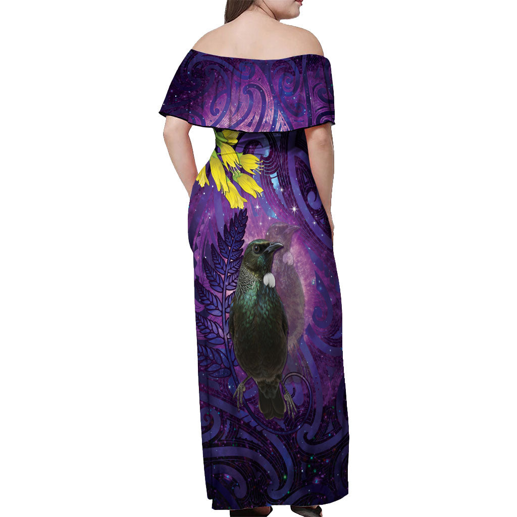 New Zealand Tui Bird Matariki Off Shoulder Maxi Dress Kowhai Flower Silver Fern Galaxy Maori Pattern LT22 - Polynesian Pride