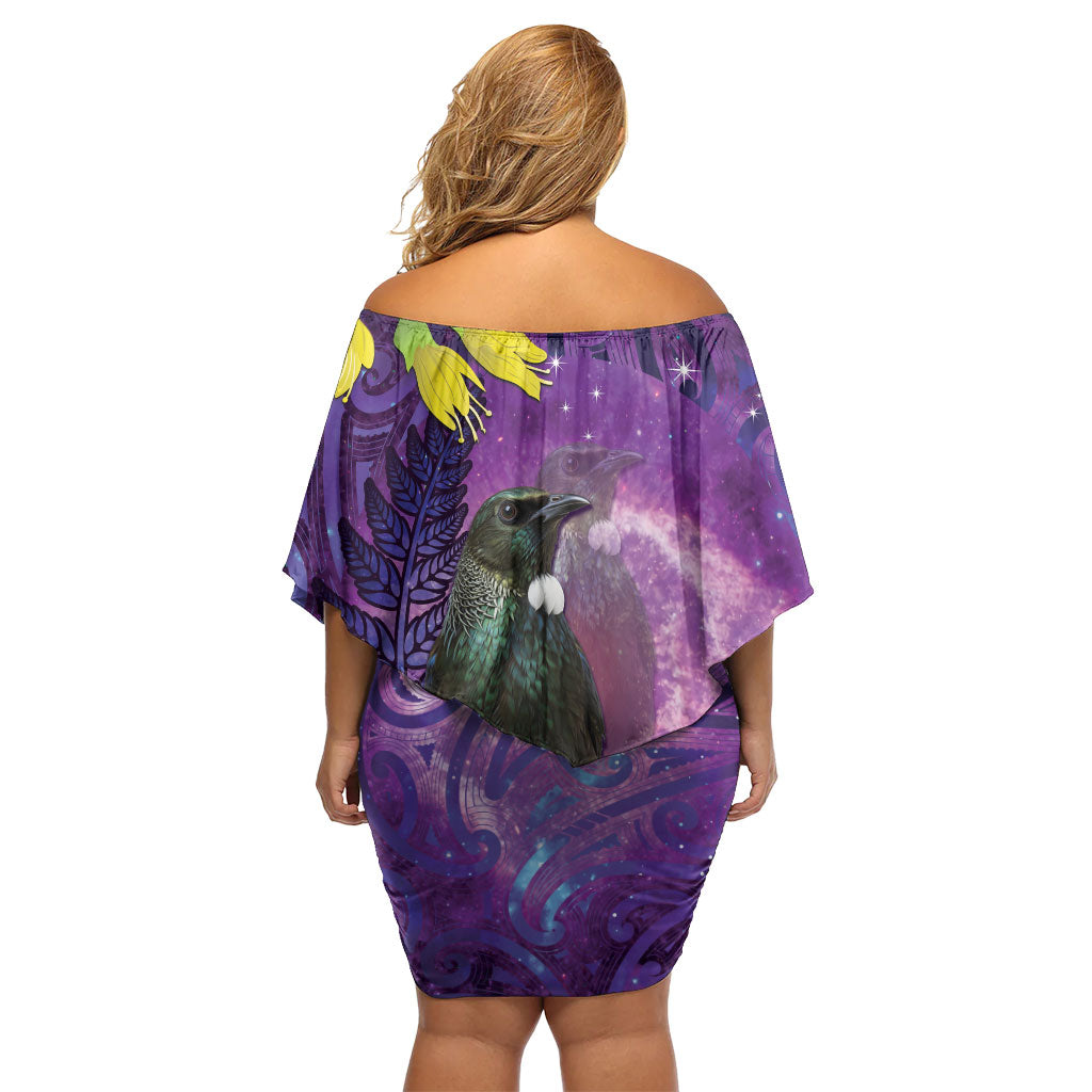 New Zealand Tui Bird Matariki Off Shoulder Short Dress Kowhai Flower Silver Fern Galaxy Maori Pattern LT22 - Polynesian Pride