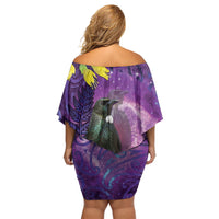 New Zealand Tui Bird Matariki Off Shoulder Short Dress Kowhai Flower Silver Fern Galaxy Maori Pattern LT22 - Polynesian Pride