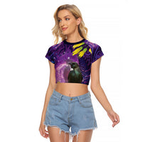 New Zealand Tui Bird Matariki Raglan Cropped T Shirt Kowhai Flower Silver Fern Galaxy Maori Pattern LT22 Female Purple - Polynesian Pride