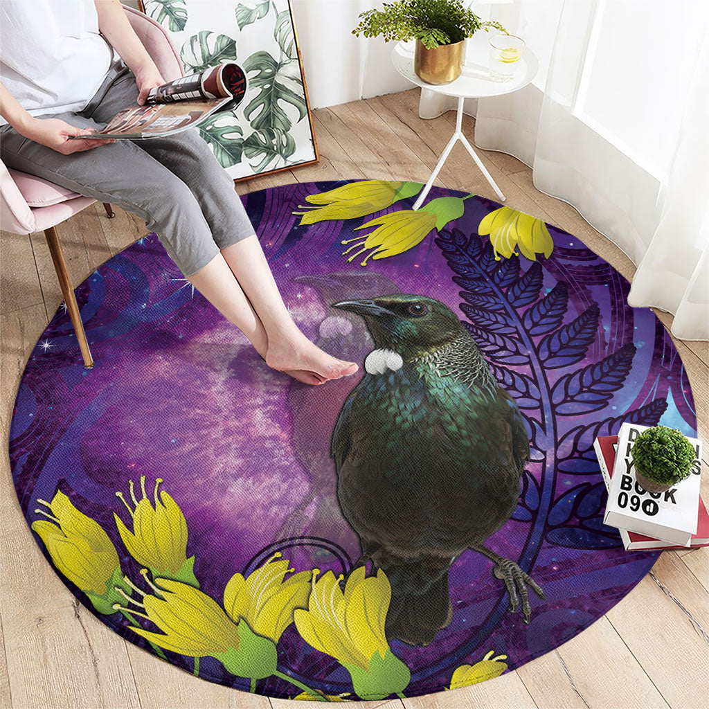 New Zealand Tui Bird Matariki Round Carpet Kowhai Flower Silver Fern Galaxy Maori Pattern LT22 - Polynesian Pride