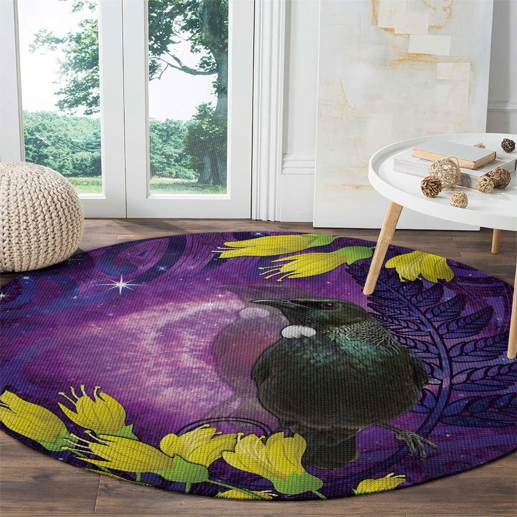 New Zealand Tui Bird Matariki Round Carpet Kowhai Flower Silver Fern Galaxy Maori Pattern LT22 - Polynesian Pride
