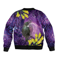 New Zealand Tui Bird Matariki Sleeve Zip Bomber Jacket Kowhai Flower Silver Fern Galaxy Maori Pattern LT22 - Polynesian Pride