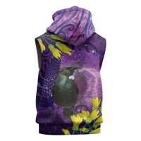 New Zealand Tui Bird Matariki Sleeveless Hoodie Kowhai Flower Silver Fern Galaxy Maori Pattern LT22 - Polynesian Pride