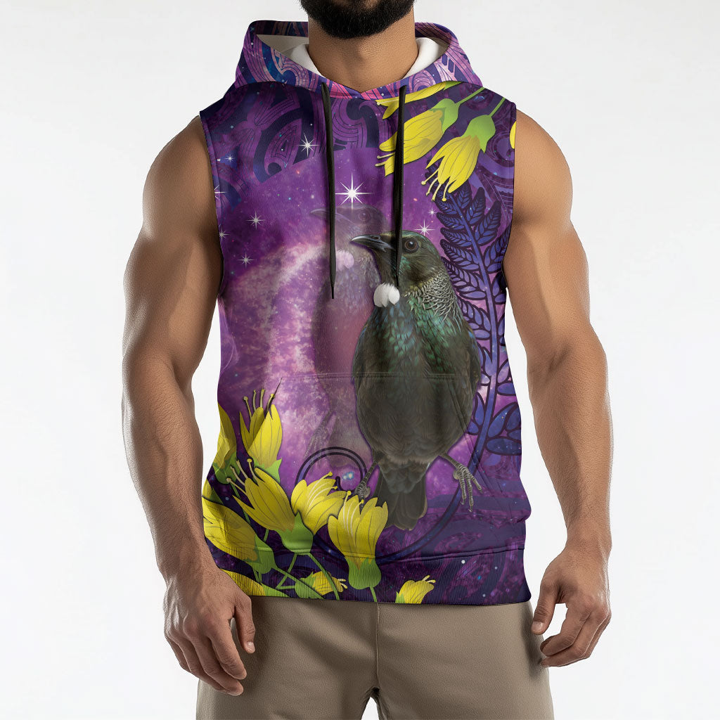New Zealand Tui Bird Matariki Sleeveless Hoodie Kowhai Flower Silver Fern Galaxy Maori Pattern LT22 - Polynesian Pride