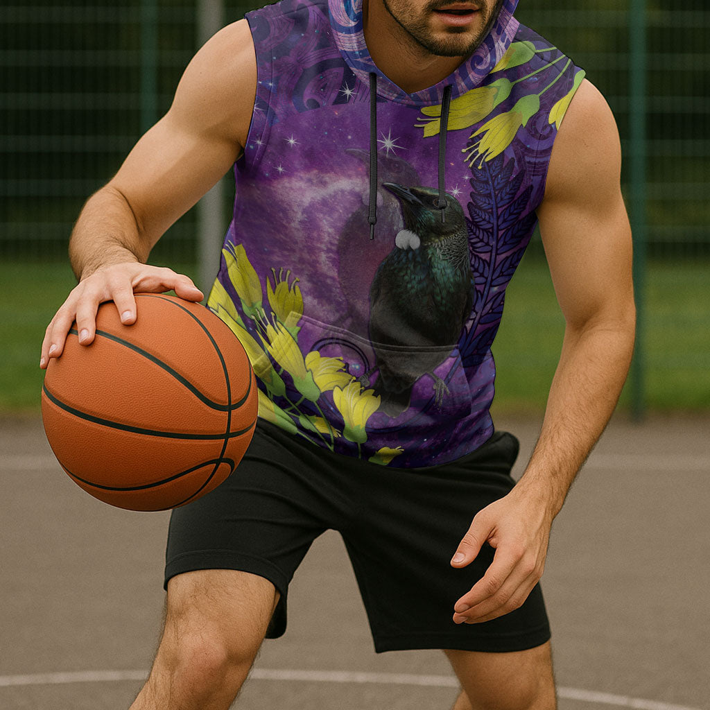 New Zealand Tui Bird Matariki Sleeveless Hoodie Kowhai Flower Silver Fern Galaxy Maori Pattern LT22 - Polynesian Pride