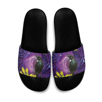 New Zealand Tui Bird Matariki Slide Sandals Kowhai Flower Silver Fern Galaxy Maori Pattern LT22 Purple - Polynesian Pride