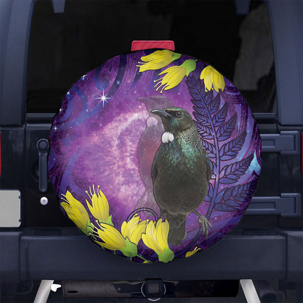 New Zealand Tui Bird Matariki Spare Tire Cover Kowhai Flower Silver Fern Galaxy Maori Pattern LT22 No hole Purple - Polynesian Pride
