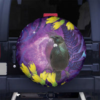 New Zealand Tui Bird Matariki Spare Tire Cover Kowhai Flower Silver Fern Galaxy Maori Pattern LT22 No hole Purple - Polynesian Pride