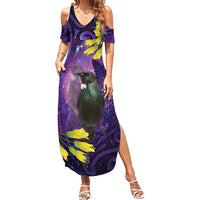 New Zealand Tui Bird Matariki Summer Maxi Dress Kowhai Flower Silver Fern Galaxy Maori Pattern LT22 Women Purple - Polynesian Pride