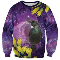 New Zealand Tui Bird Matariki Sweatshirt Kowhai Flower Silver Fern Galaxy Maori Pattern