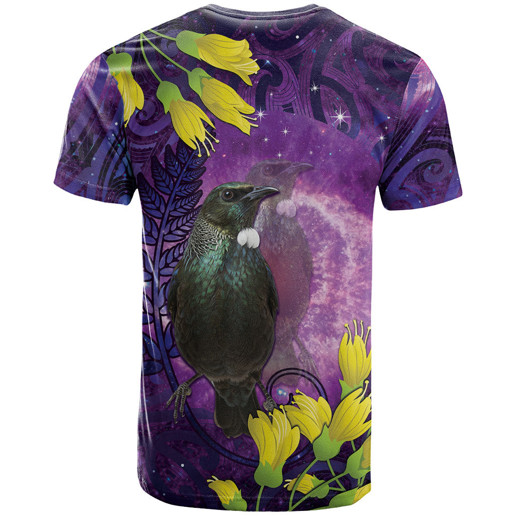 New Zealand Tui Bird Matariki T Shirt Kowhai Flower Silver Fern Galaxy Maori Pattern LT22 - Polynesian Pride