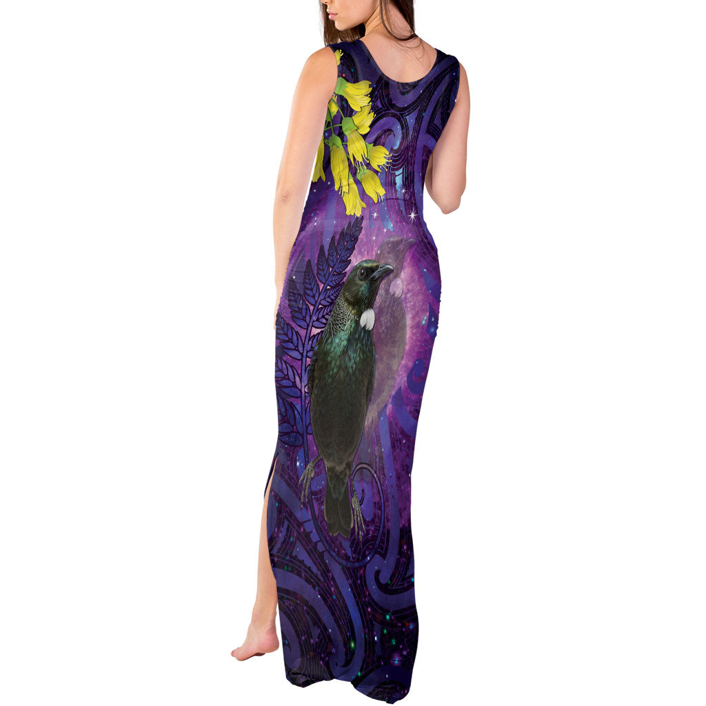 New Zealand Tui Bird Matariki Tank Maxi Dress Kowhai Flower Silver Fern Galaxy Maori Pattern LT22 - Polynesian Pride
