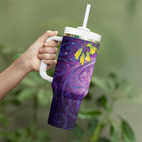 New Zealand Tui Bird Matariki Tumbler With Handle Kowhai Flower Silver Fern Galaxy Maori Pattern LT22 - Polynesian Pride