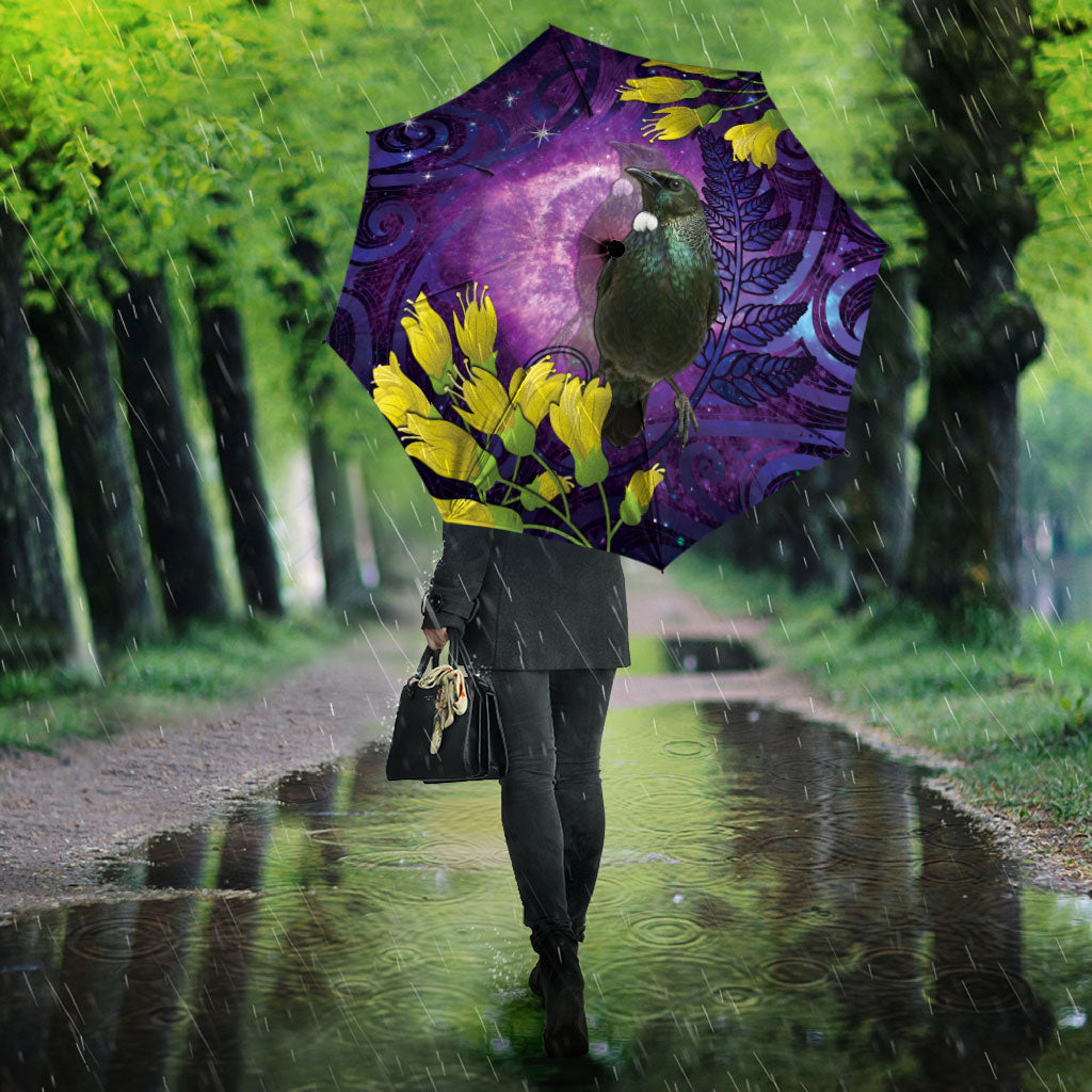 New Zealand Tui Bird Matariki Umbrella Kowhai Flower Silver Fern Galaxy Maori Pattern LT22 - Polynesian Pride
