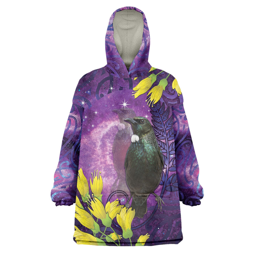 New Zealand Tui Bird Matariki Wearable Blanket Hoodie Kowhai Flower Silver Fern Galaxy Maori Pattern LT22 One Size Purple - Polynesian Pride