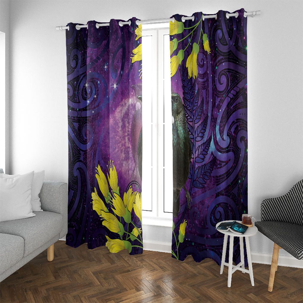New Zealand Tui Bird Matariki Window Curtain Kowhai Flower Silver Fern Galaxy Maori Pattern LT22 With Grommets Purple - Polynesian Pride