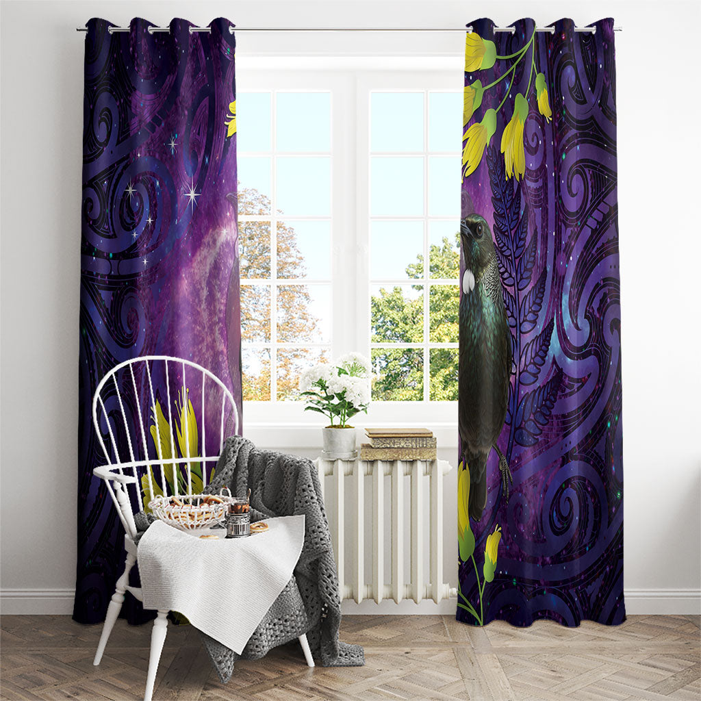 New Zealand Tui Bird Matariki Window Curtain Kowhai Flower Silver Fern Galaxy Maori Pattern LT22 - Polynesian Pride