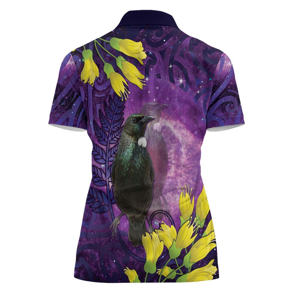 New Zealand Tui Bird Matariki Women Polo Shirt Kowhai Flower Silver Fern Galaxy Maori Pattern LT22 - Polynesian Pride