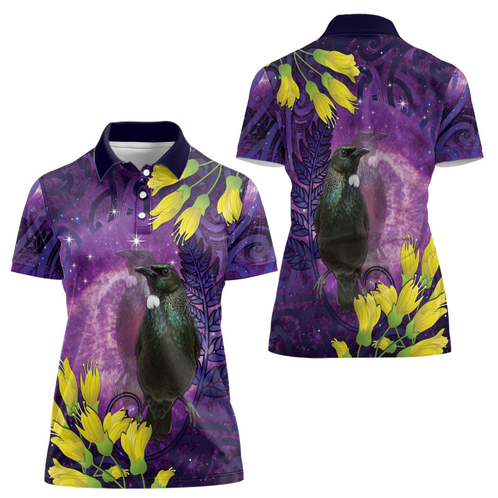 New Zealand Tui Bird Matariki Women Polo Shirt Kowhai Flower Silver Fern Galaxy Maori Pattern LT22 - Polynesian Pride