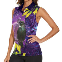 New Zealand Tui Bird Matariki Women Sleeveless Polo Shirt Kowhai Flower Silver Fern Galaxy Maori Pattern LT22 - Polynesian Pride