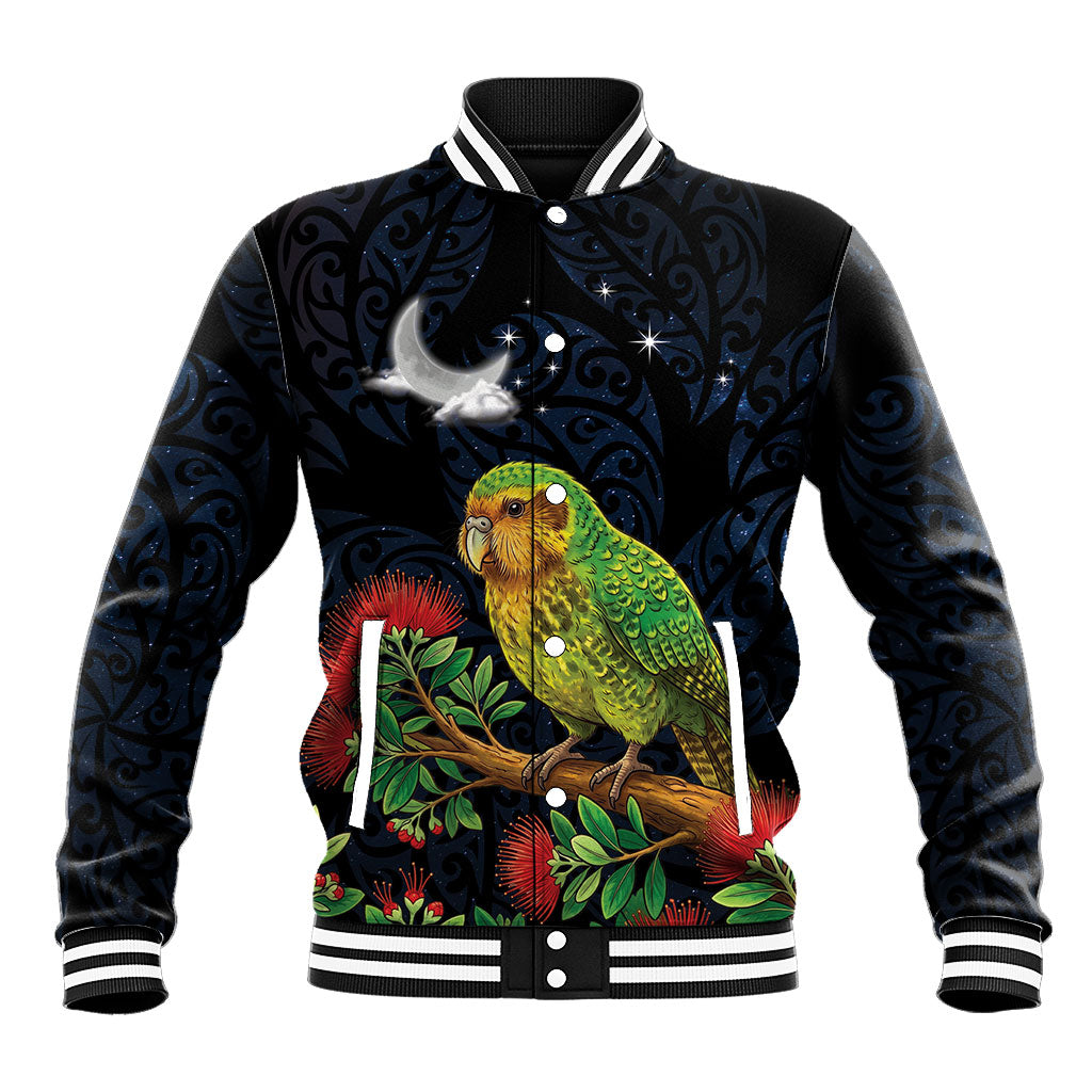 New Zealand Kakapo Matariki Personalised Baseball Jacket Pohutukawa Flower Galaxy Maori Pattern