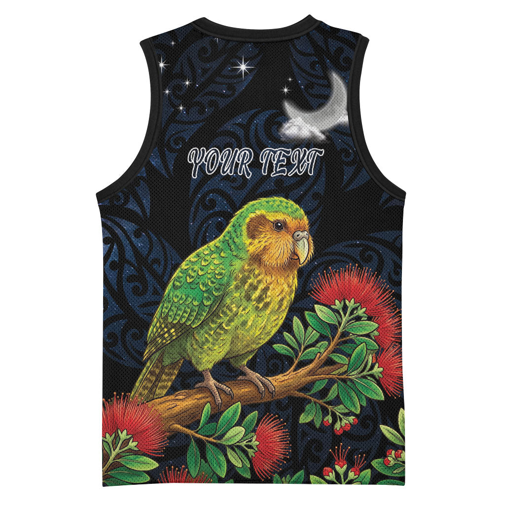 New Zealand Kakapo Matariki Personalised Basketball Jersey Pohutukawa Flower Galaxy Maori Pattern LT22 - Polynesian Pride