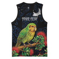 New Zealand Kakapo Matariki Personalised Basketball Jersey Pohutukawa Flower Galaxy Maori Pattern LT22 - Polynesian Pride