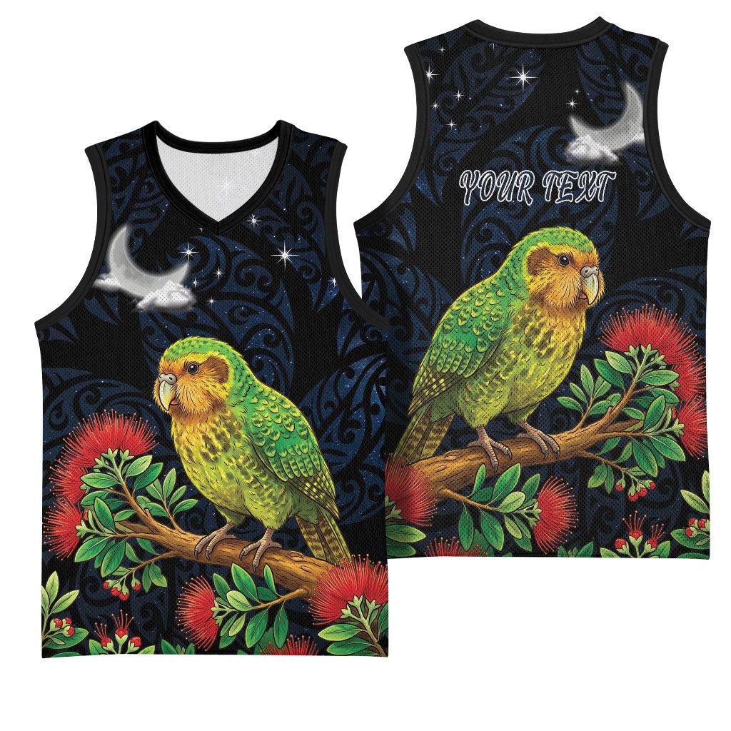 New Zealand Kakapo Matariki Personalised Basketball Jersey Pohutukawa Flower Galaxy Maori Pattern LT22 - Polynesian Pride