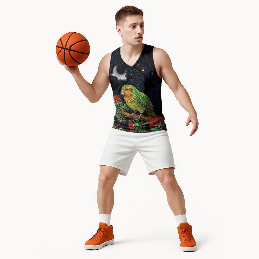 New Zealand Kakapo Matariki Personalised Basketball Jersey Pohutukawa Flower Galaxy Maori Pattern LT22 - Polynesian Pride