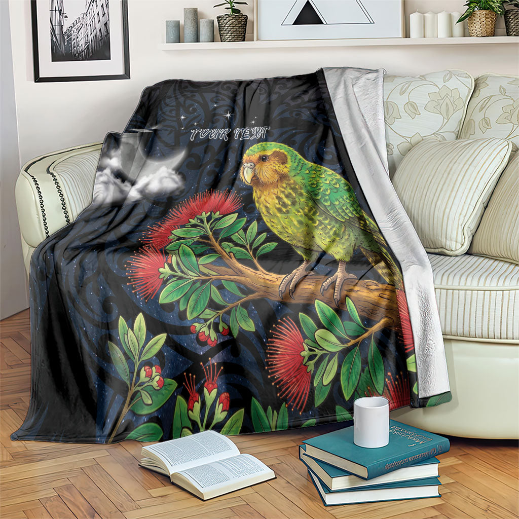 New Zealand Kakapo Matariki Personalised Blanket Pohutukawa Flower Galaxy Maori Pattern LT22 Black - Polynesian Pride