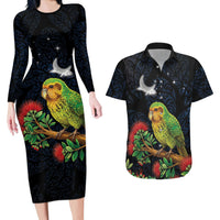 New Zealand Kakapo Matariki Personalised Couples Matching Long Sleeve Bodycon Dress and Hawaiian Shirt Pohutukawa Flower Galaxy Maori Pattern LT22 Black - Polynesian Pride