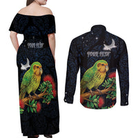 New Zealand Kakapo Matariki Personalised Couples Matching Off Shoulder Maxi Dress and Long Sleeve Button Shirt Pohutukawa Flower Galaxy Maori Pattern LT22 - Polynesian Pride