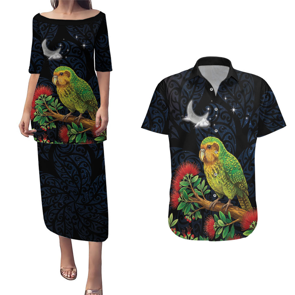 New Zealand Kakapo Matariki Personalised Couples Matching Puletasi and Hawaiian Shirt Pohutukawa Flower Galaxy Maori Pattern