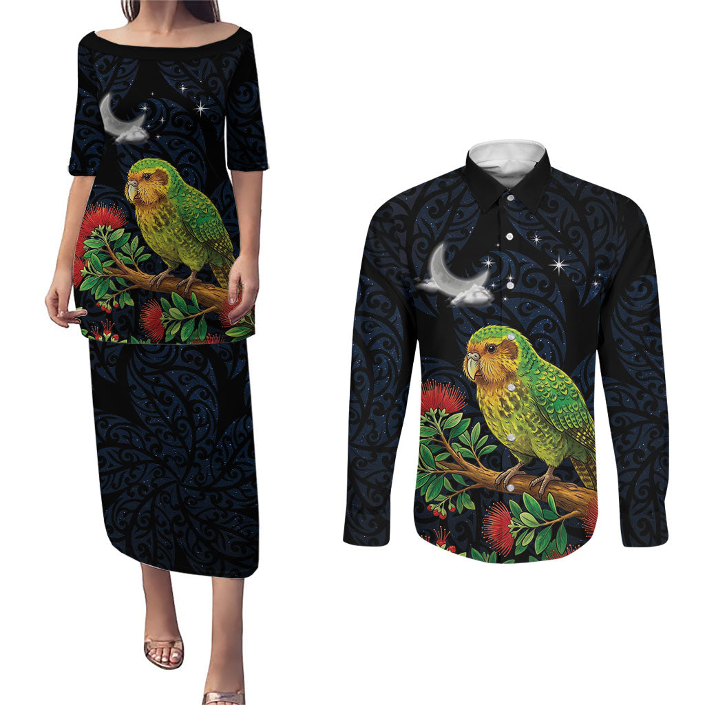 New Zealand Kakapo Matariki Personalised Couples Matching Puletasi and Long Sleeve Button Shirt Pohutukawa Flower Galaxy Maori Pattern LT22 Black - Polynesian Pride