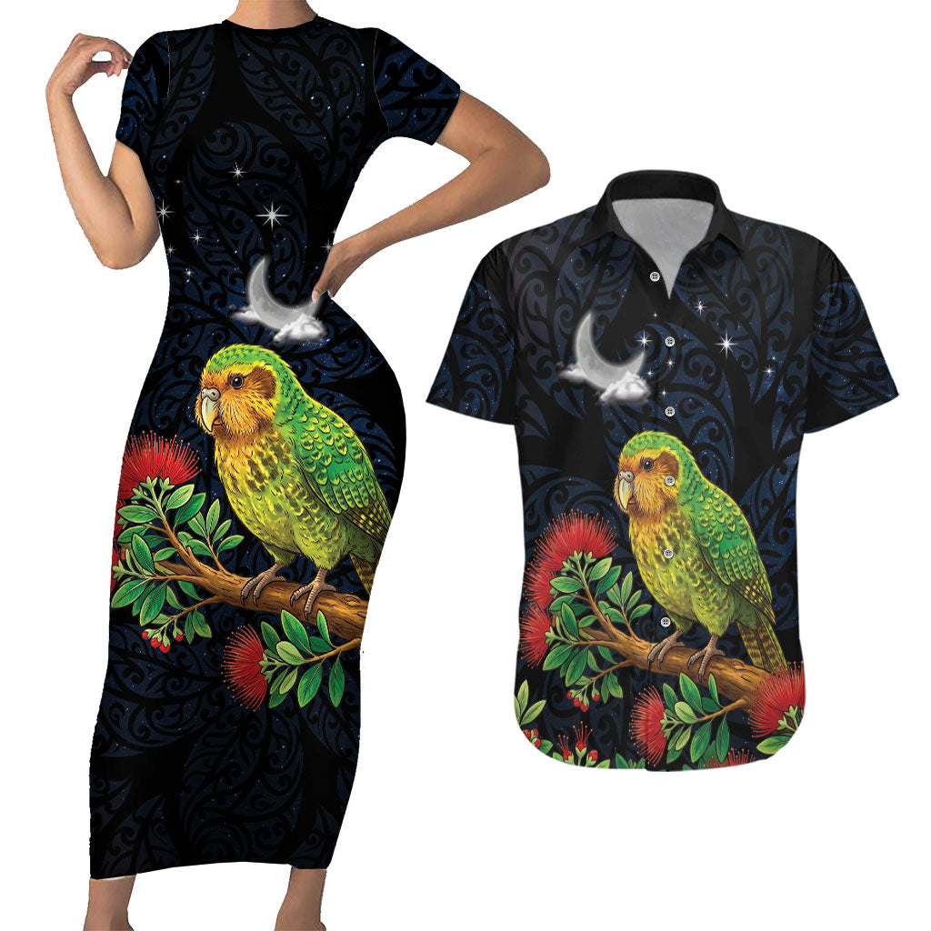 New Zealand Kakapo Matariki Personalised Couples Matching Short Sleeve Bodycon Dress and Hawaiian Shirt Pohutukawa Flower Galaxy Maori Pattern LT22 Black - Polynesian Pride