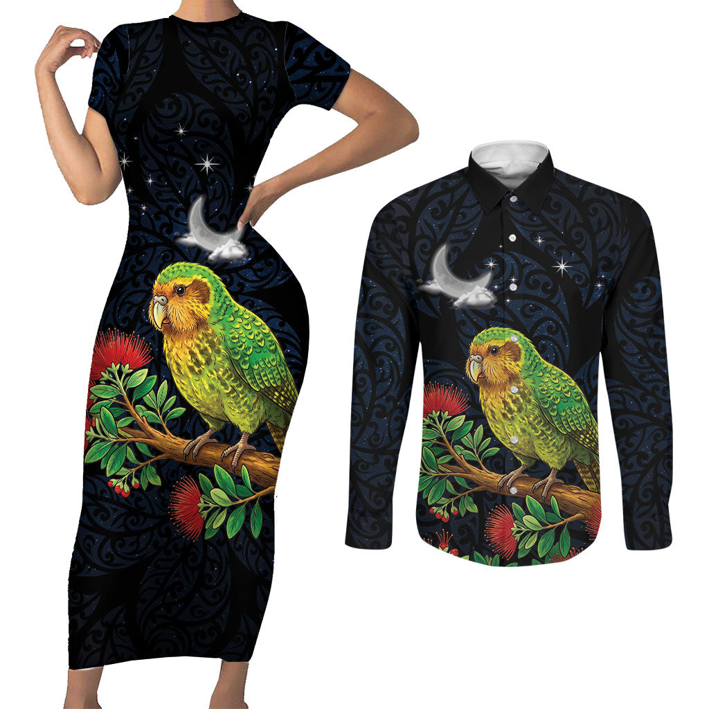 New Zealand Kakapo Matariki Personalised Couples Matching Short Sleeve Bodycon Dress and Long Sleeve Button Shirt Pohutukawa Flower Galaxy Maori Pattern