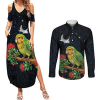 New Zealand Kakapo Matariki Personalised Couples Matching Summer Maxi Dress and Long Sleeve Button Shirt Pohutukawa Flower Galaxy Maori Pattern LT22 Black - Polynesian Pride