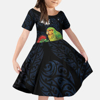 New Zealand Kakapo Matariki Personalised Family Matching Long Sleeve Bodycon Dress and Hawaiian Shirt Pohutukawa Flower Galaxy Maori Pattern LT22 Daughter's Dress Black - Polynesian Pride
