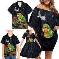 New Zealand Kakapo Matariki Personalised Family Matching Off Shoulder Short Dress and Hawaiian Shirt Pohutukawa Flower Galaxy Maori Pattern LT22 - Polynesian Pride