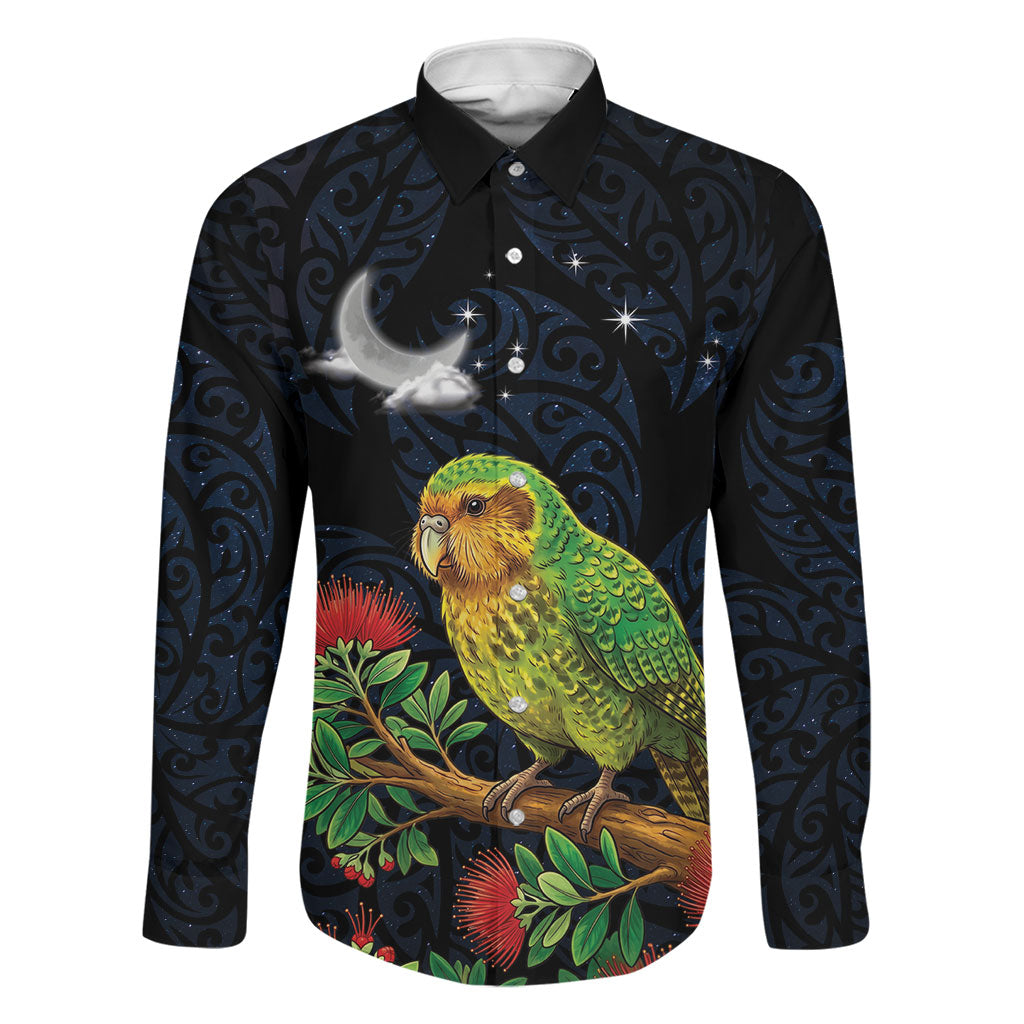 New Zealand Kakapo Matariki Personalised Family Matching Off Shoulder Short Dress and Hawaiian Shirt Pohutukawa Flower Galaxy Maori Pattern LT22 Dad's Shirt - Long Sleeve Black - Polynesian Pride
