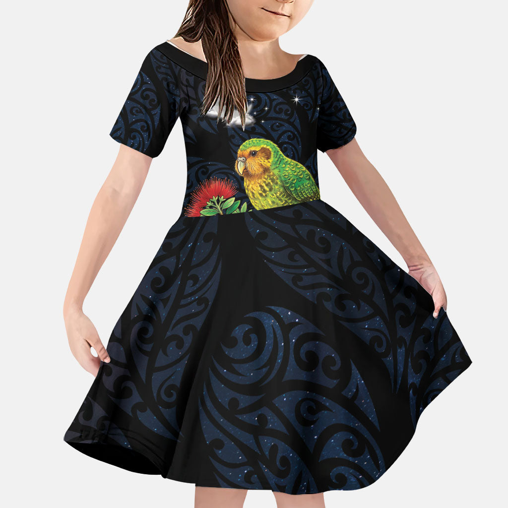 New Zealand Kakapo Matariki Personalised Family Matching Puletasi and Hawaiian Shirt Pohutukawa Flower Galaxy Maori Pattern LT22 Daughter's Dress Black - Polynesian Pride